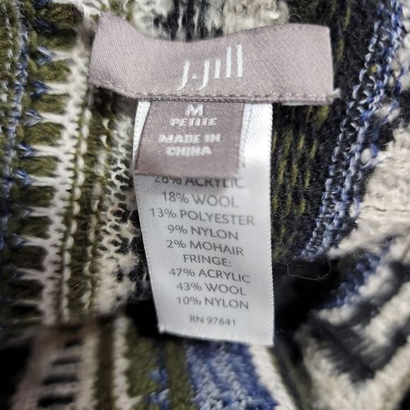 J Jill Aztec Print Fringe Sweater Open Waterfall Cardigan Wool Mohair M - Picture 5 of 5